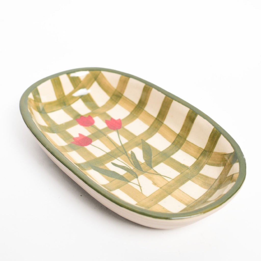 Ceramic Oval Bowl - Green Checked Flower