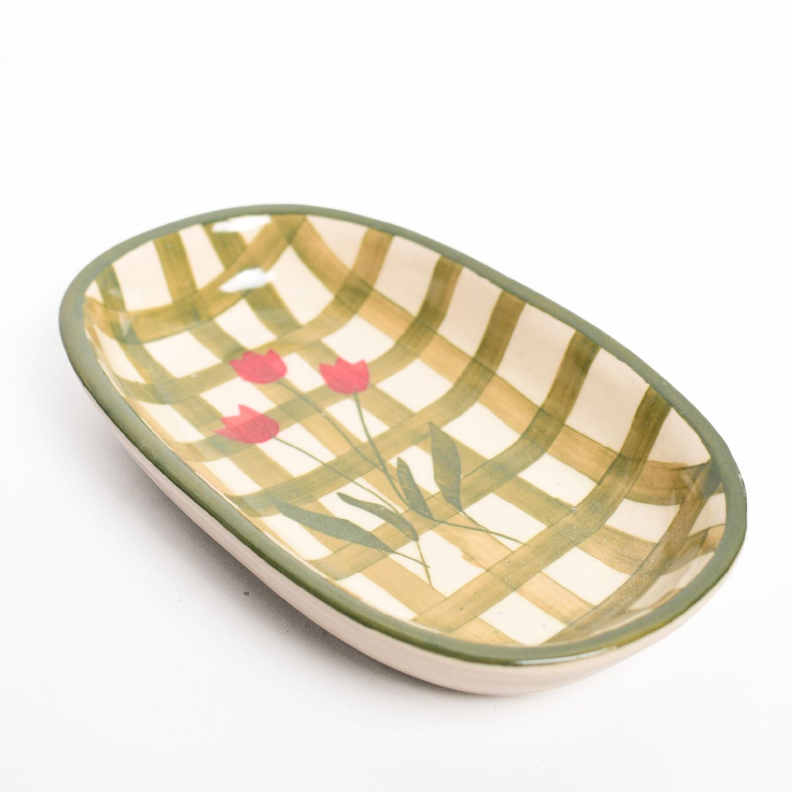 Ceramic Oval Bowl - Green Checked Flower