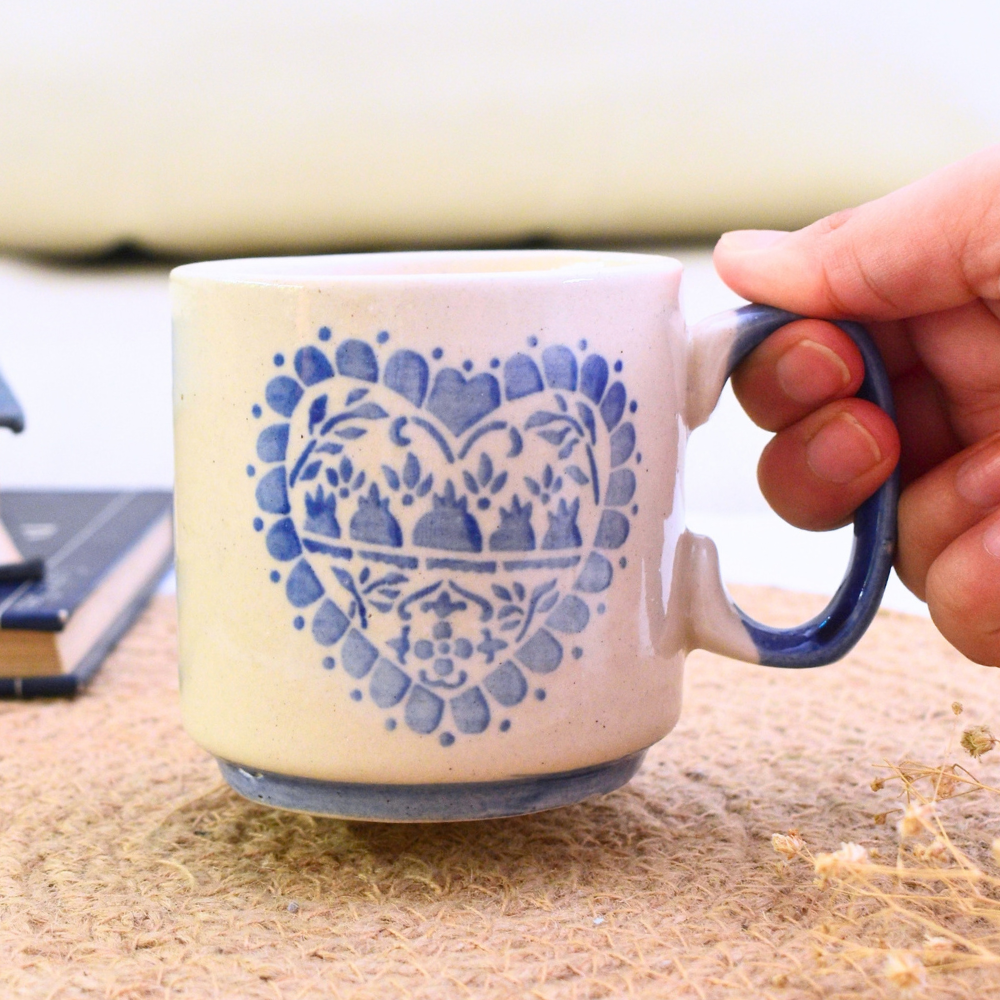 Small ceramic mug - Boho Heart ( Blue )