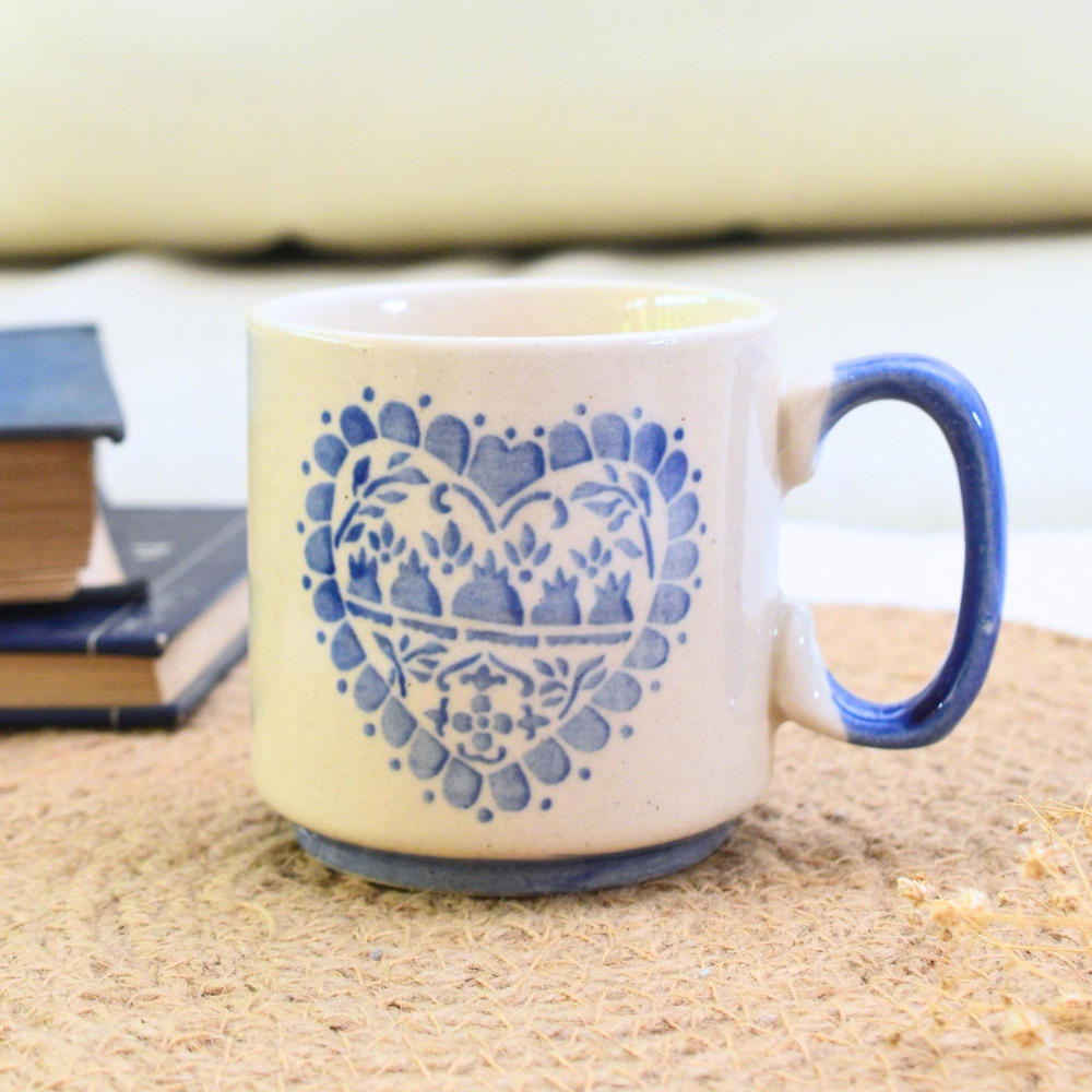 Small ceramic mug - Boho Heart ( Blue )