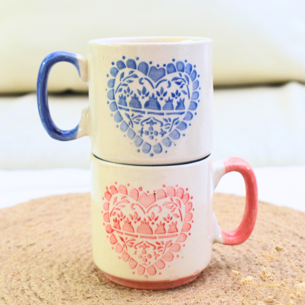 Small ceramic mug - Boho Heart ( Blue )
