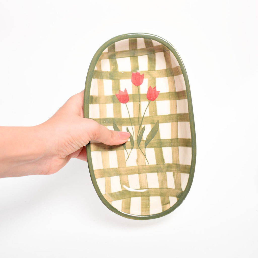 Ceramic Oval Bowl - Green Checked Flower