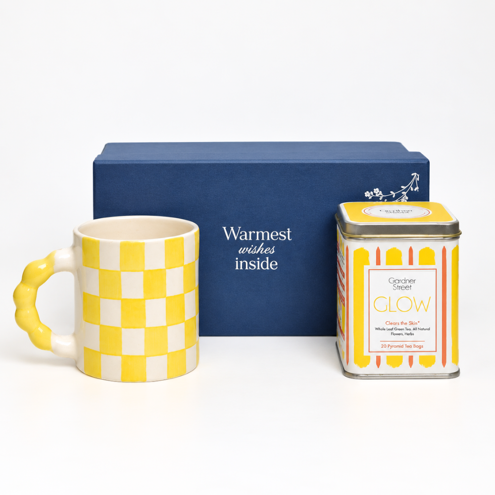 Yellow check mug and Glow Tea Gift Set