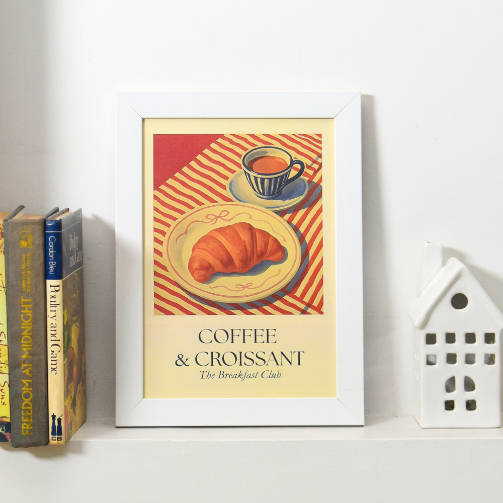 Coffee & Croissant Poster – Vintage Breakfast Wall Art Print
