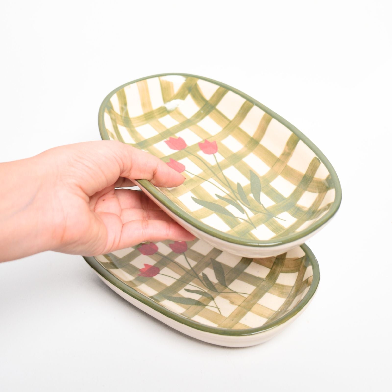 Ceramic Oval Bowl - Green Checked Flower