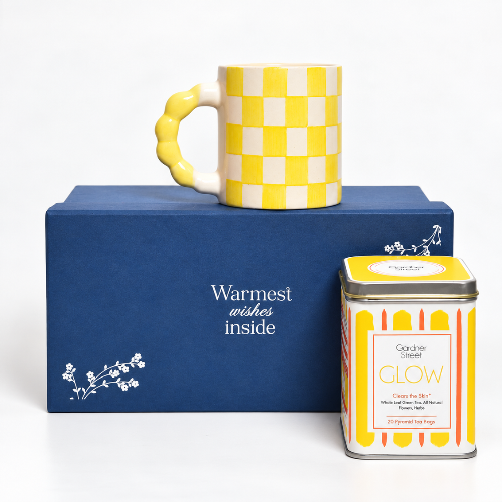 Yellow check mug and Glow Tea Gift Set