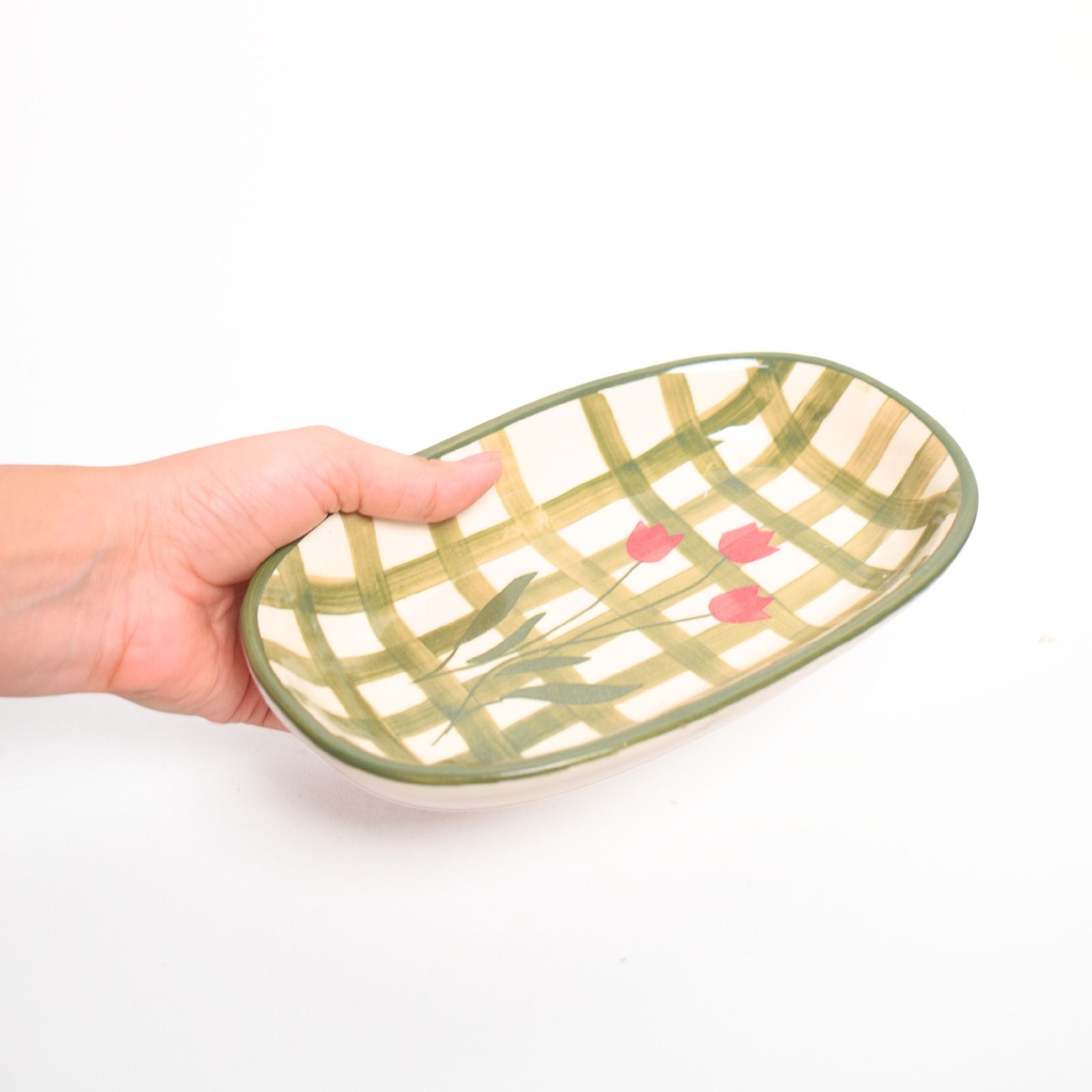 Ceramic Oval Bowl - Green Checked Flower