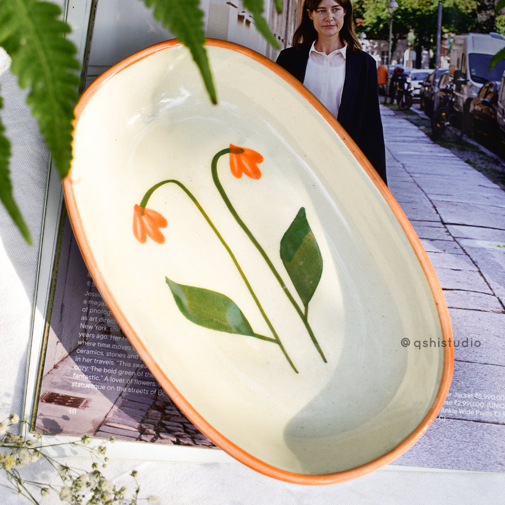 Ceramic Oval Bowl - Amber Flower ( 1 pc )
