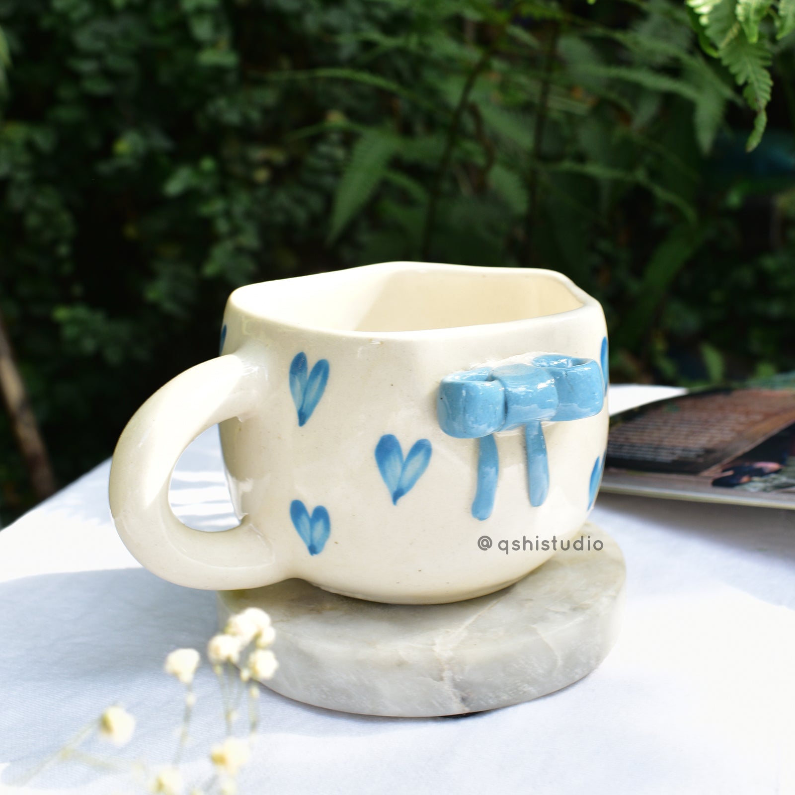 Ceramic Coffee Mug - Blue Heart Bow