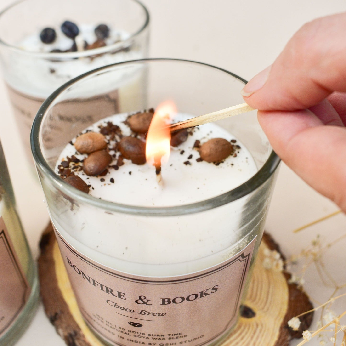 books and bonfire scented jar candles