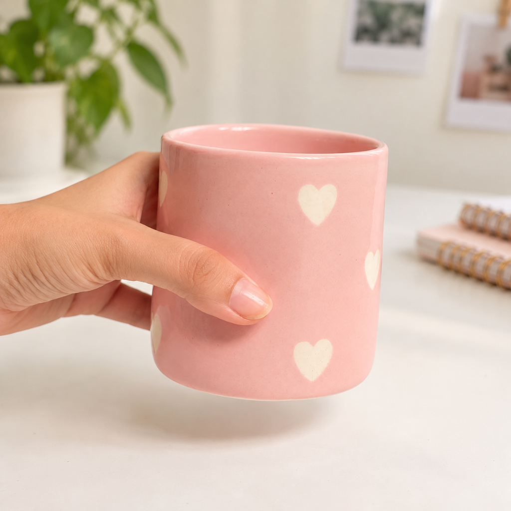 Ceramic Tea Cup Pinch Tumbler - Pink White Heart