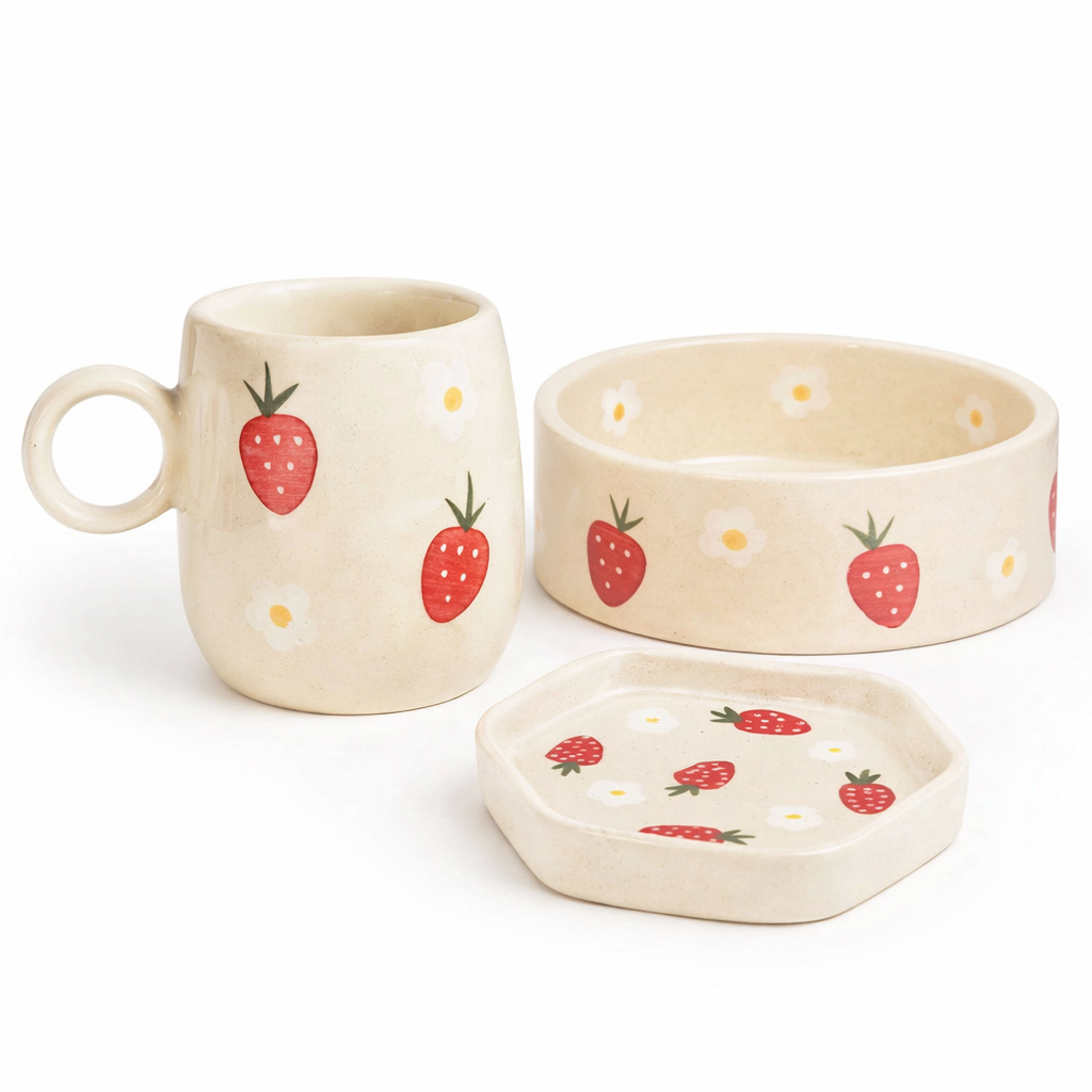 Strawberry Ceramic Breakfast Set - Mug, Bowl & Coaster