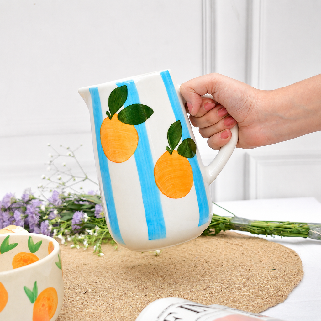 Ceramic Jug - Blue Stripe Orange