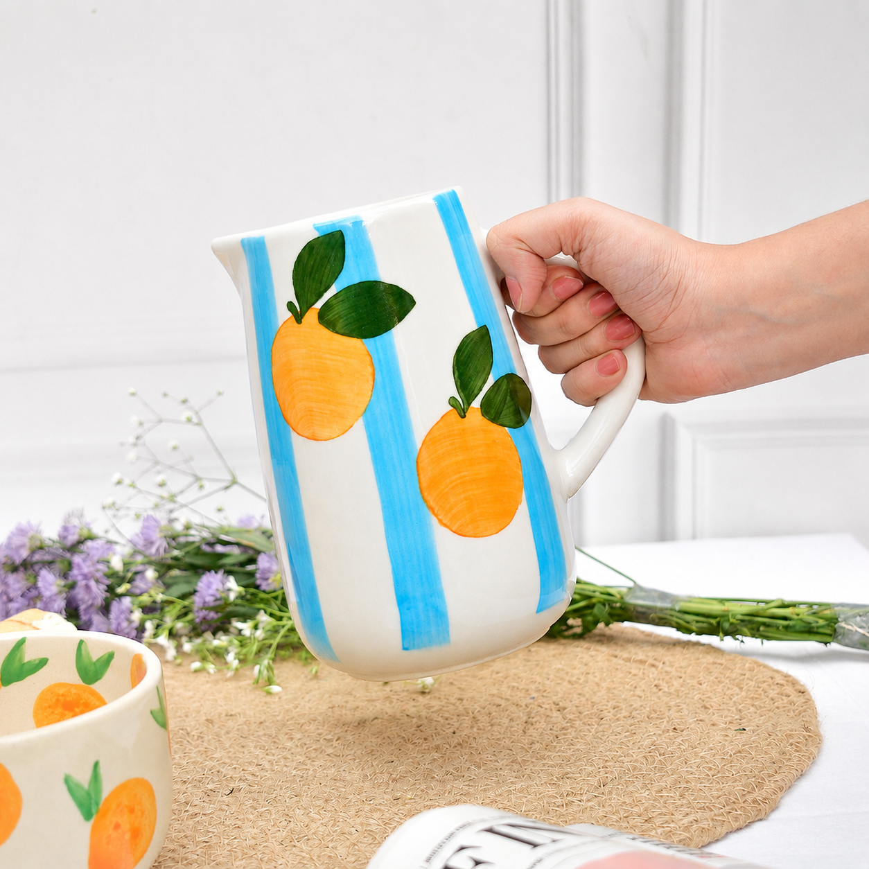 Ceramic Jug - Blue Stripe Orange