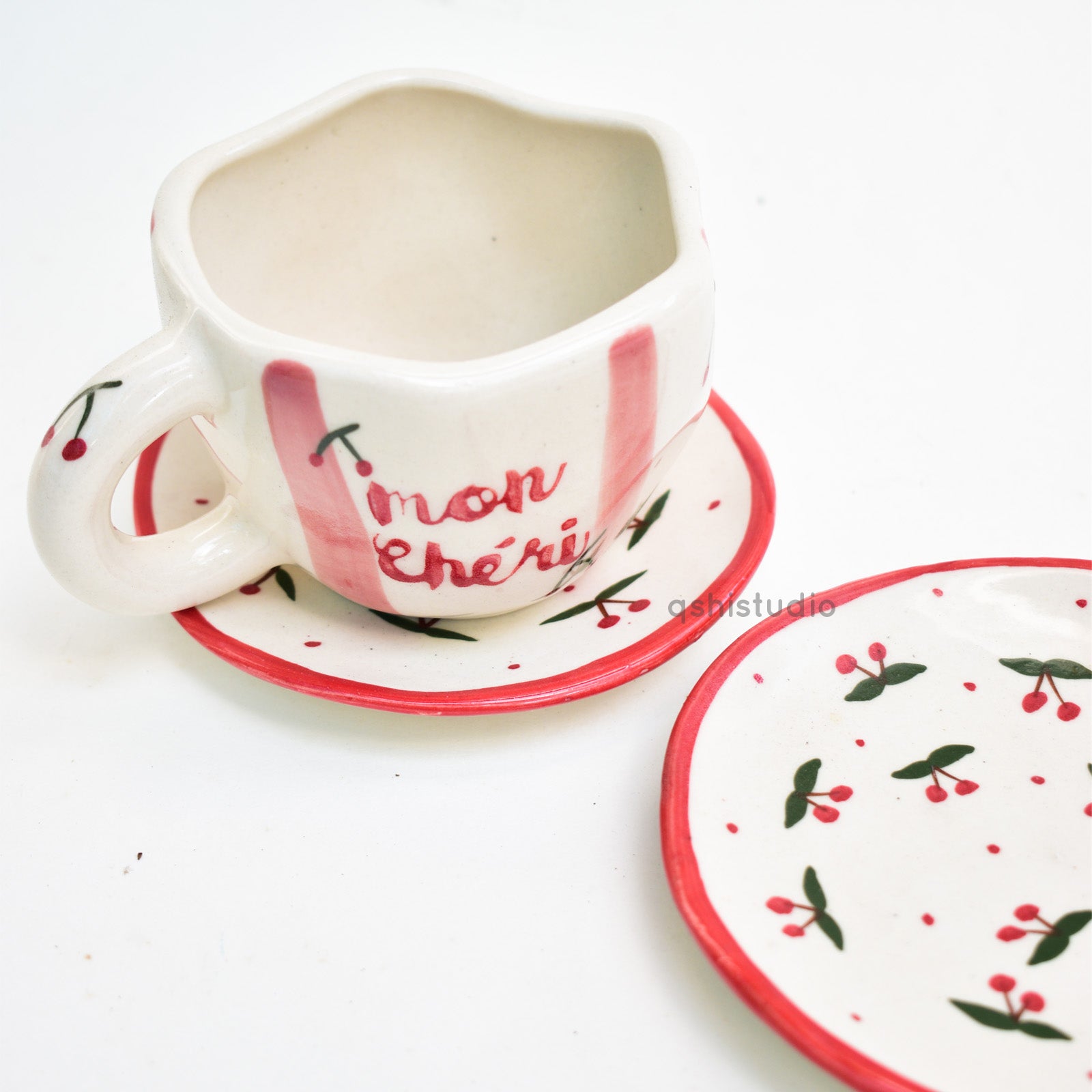 Stylish Handmade Ceramic Coaster - Cherry Design