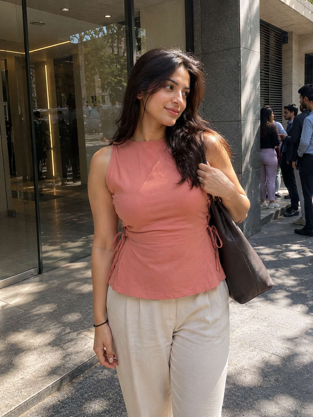 A woman standing outdoors in front of a modern glass building, wearing a sleeveless dusty rose top and light beige trousers, carrying a dark brown shoulder bag.