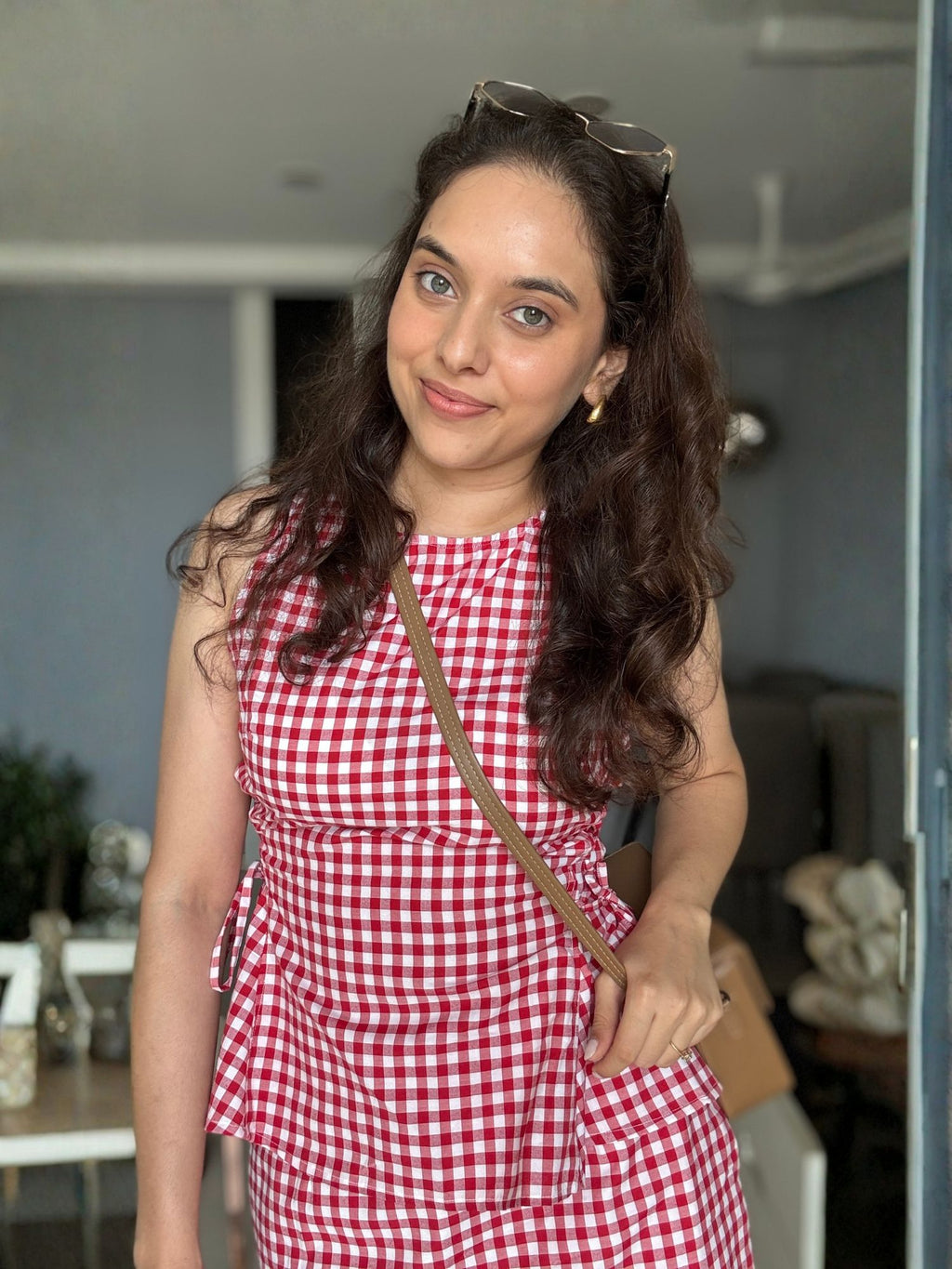 Red Gingham Drawstring Top