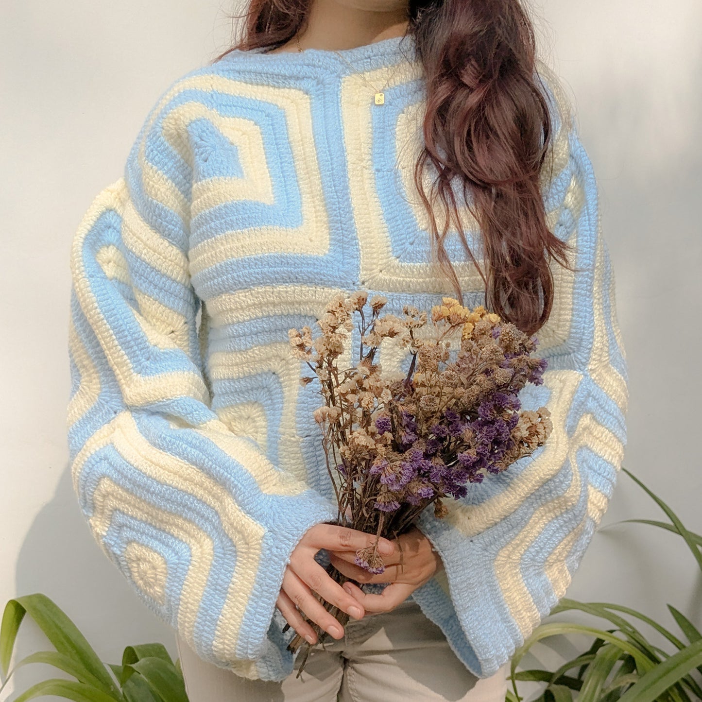 Crochet Womens Knit Sweater - Blue Tiles