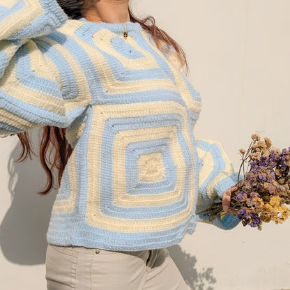 Crochet Womens Knit Sweater - Blue Tiles