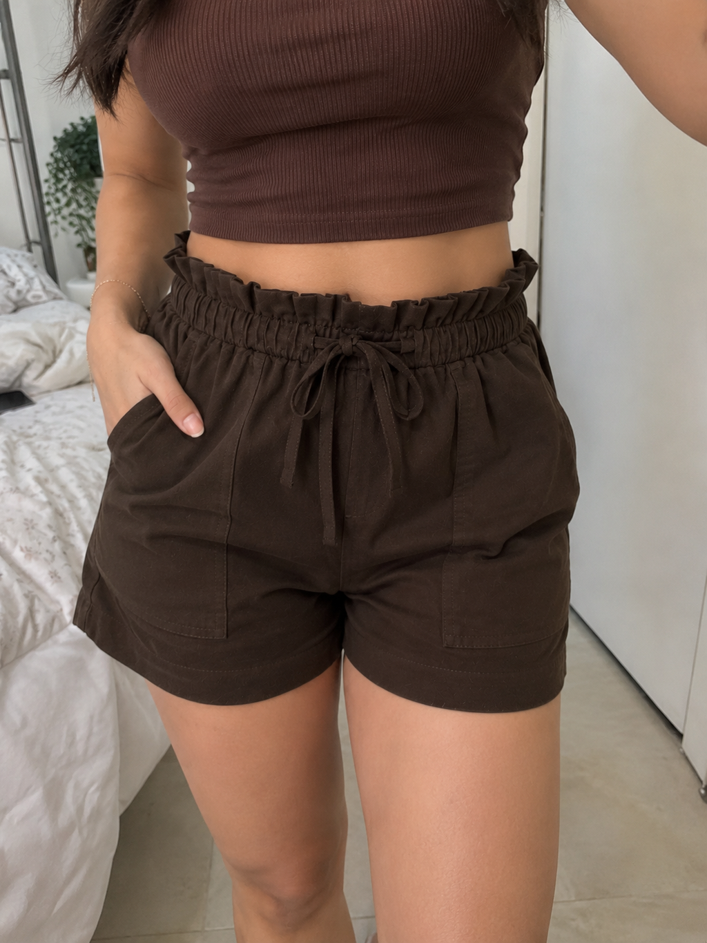 Coffee Brown Drawstring Linen Shorts