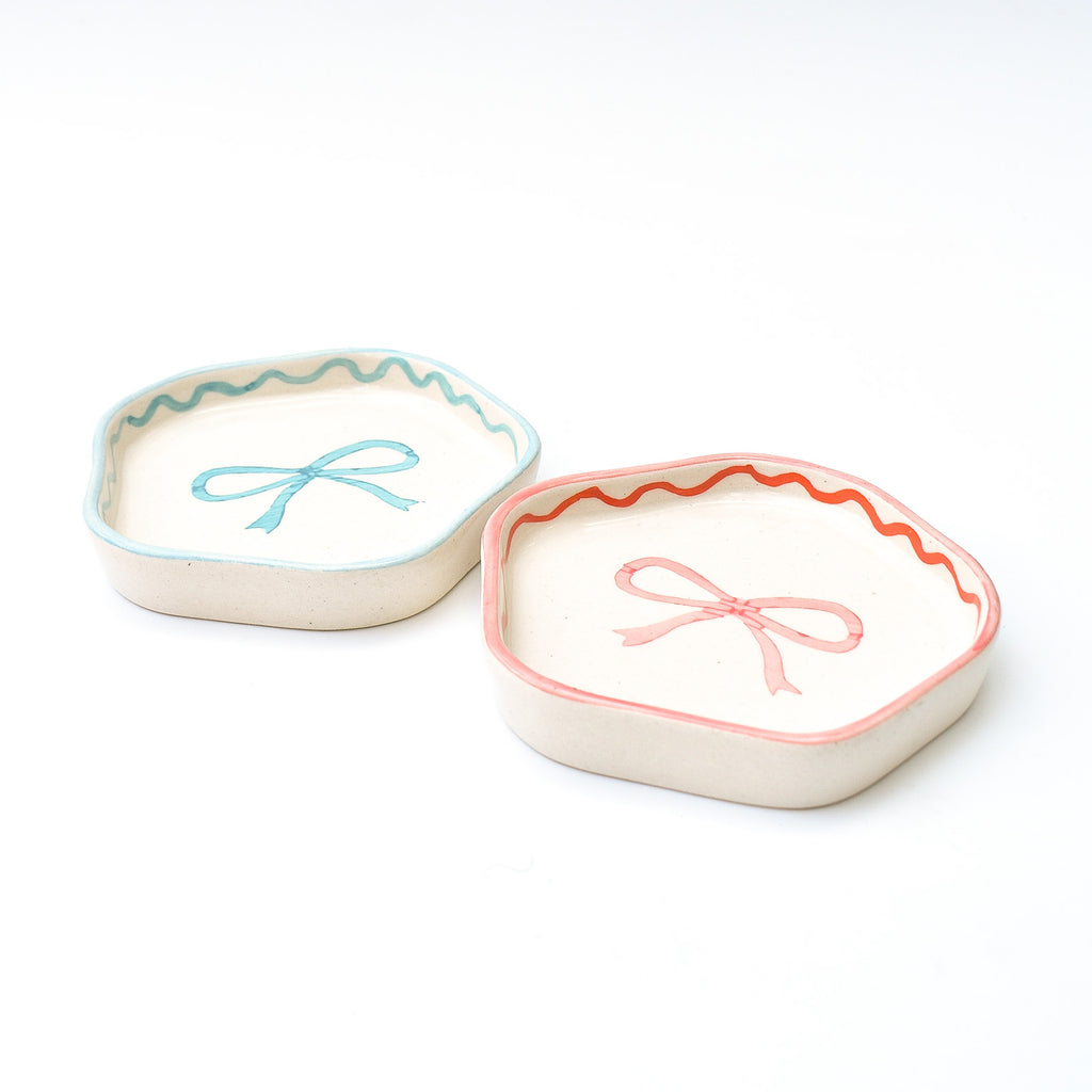 Ceramic Coaster/Trinket Tray - Pink & Blue Bow (Set of 2)