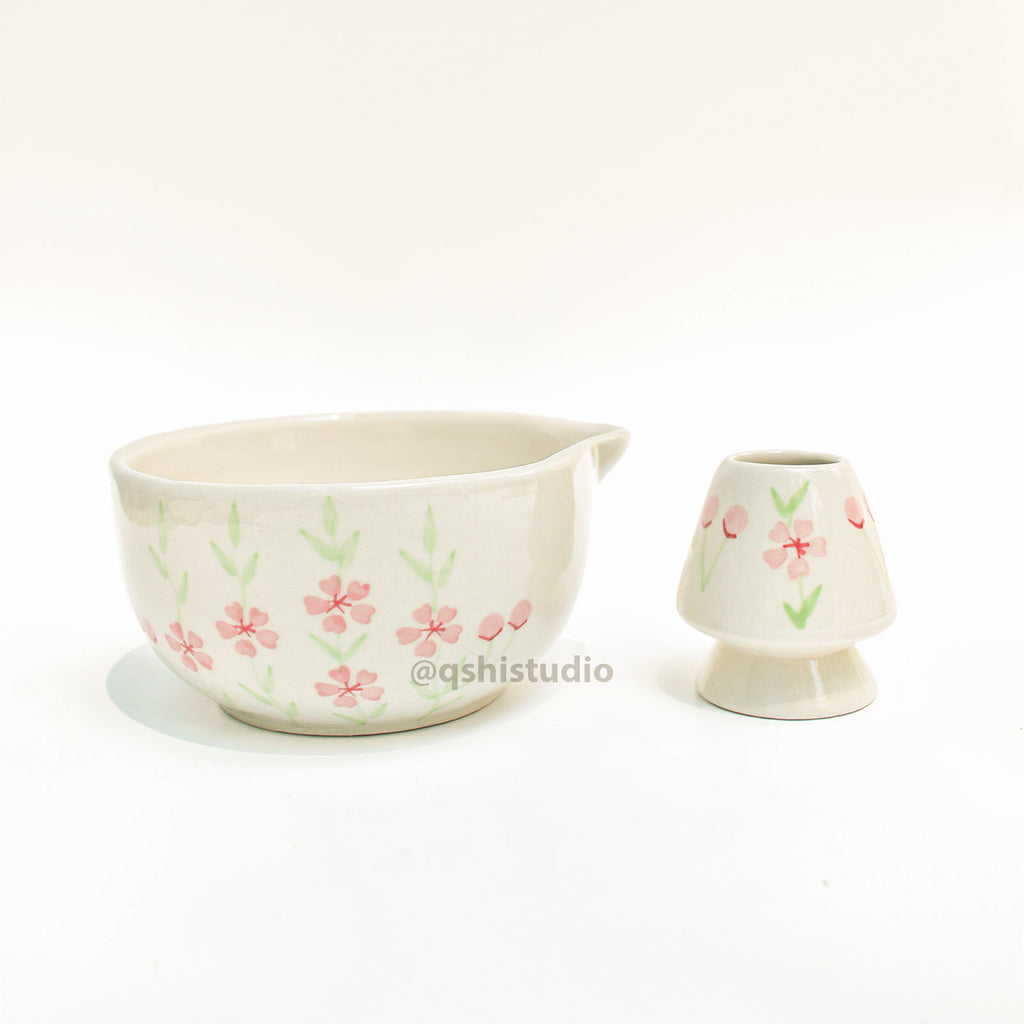 Ceramic Matcha bowl & Whisk Holder - Sakura