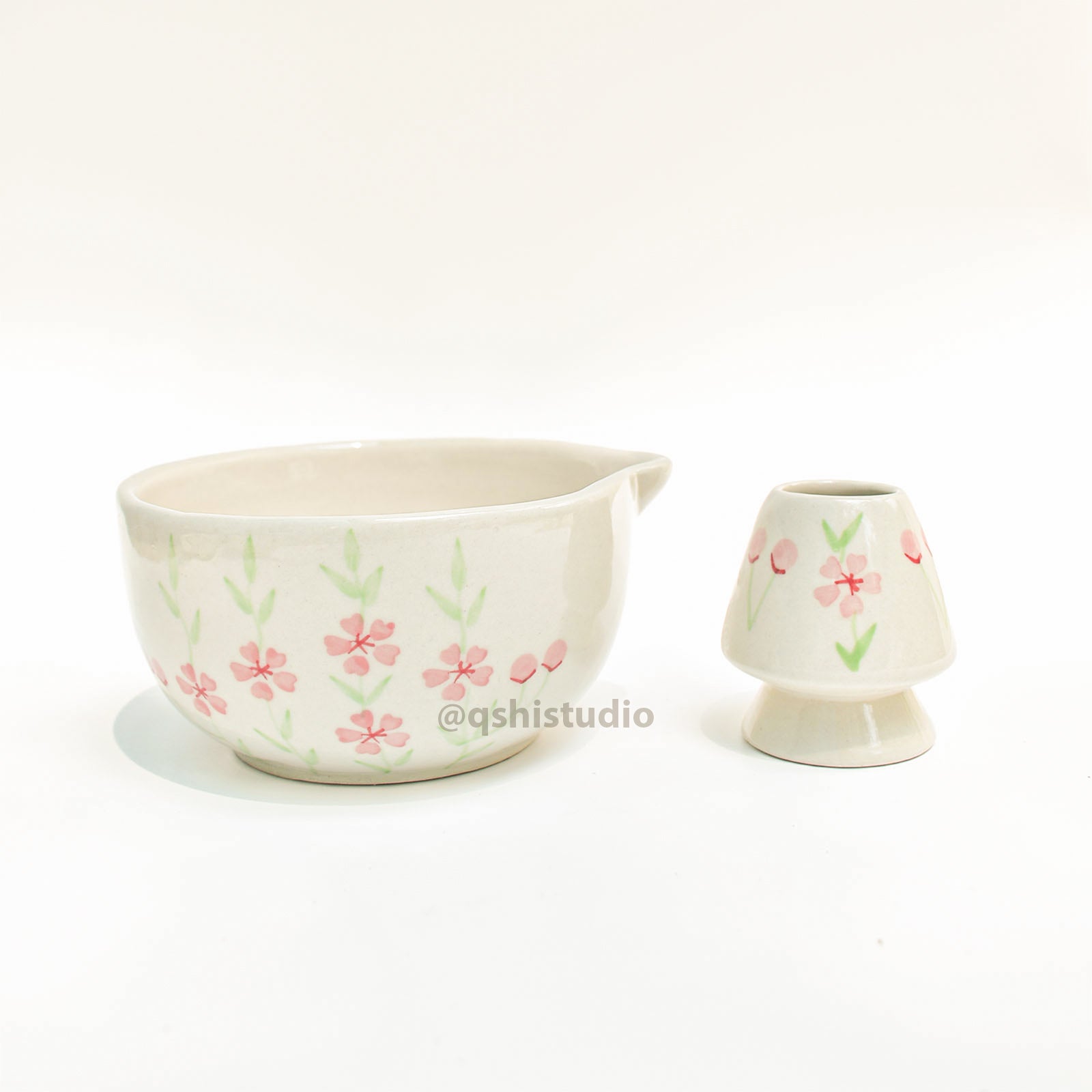 Ceramic Matcha bowl & Whisk Holder - Sakura