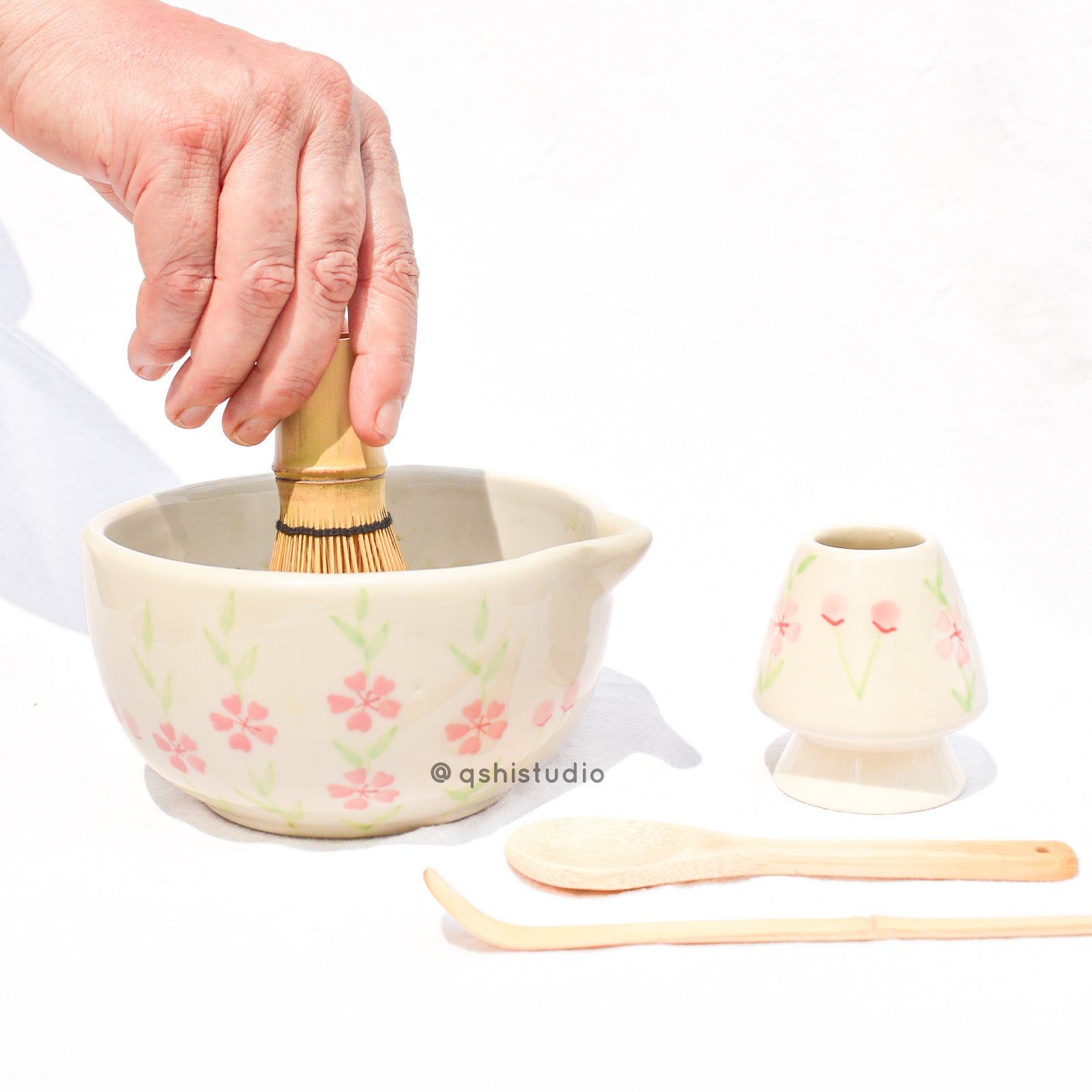 Ceramic Matcha bowl & Whisk Holder - Sakura
