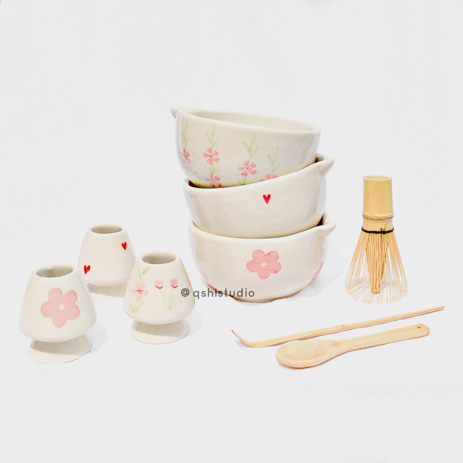Ceramic Matcha bowl & Whisk Holder - Sakura