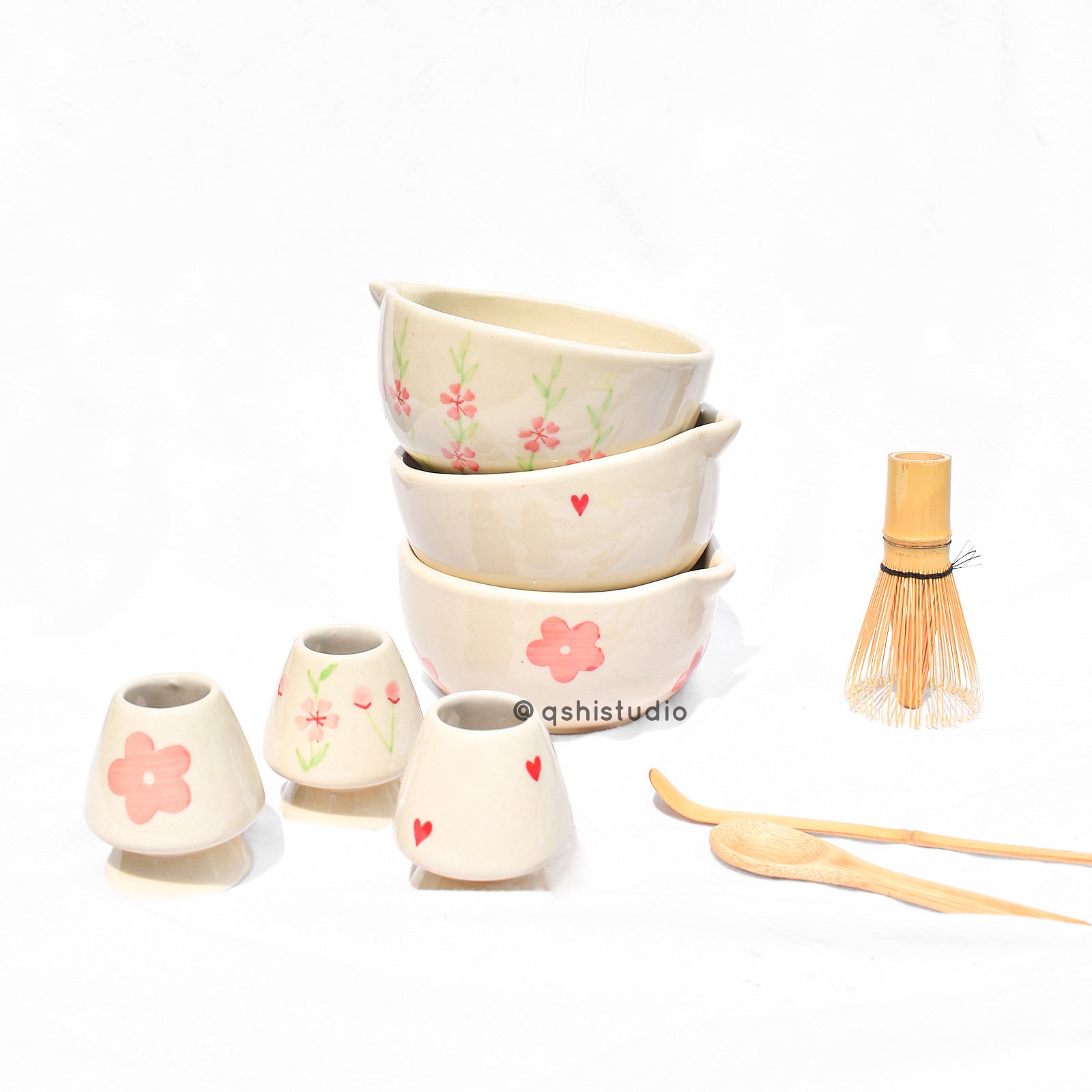 Ceramic Matcha bowl & Whisk Holder - Pink Flower