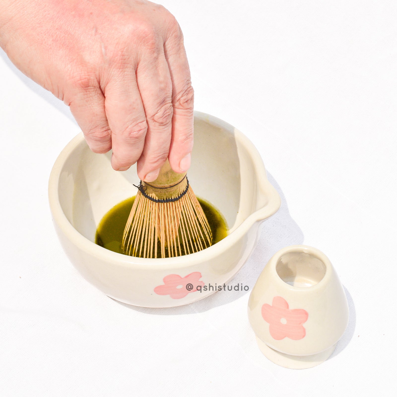 Ceramic Matcha bowl & Whisk Holder - Pink Flower