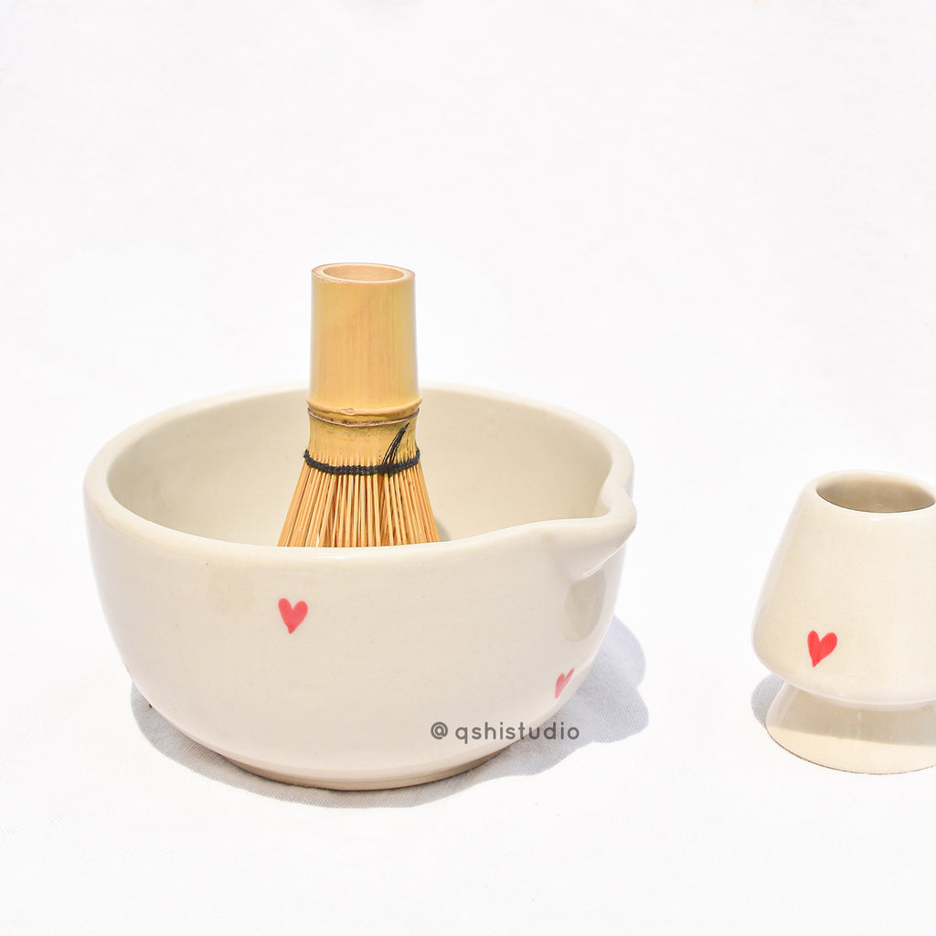 Ceramic Matcha bowl & Whisk Holder - Red heart