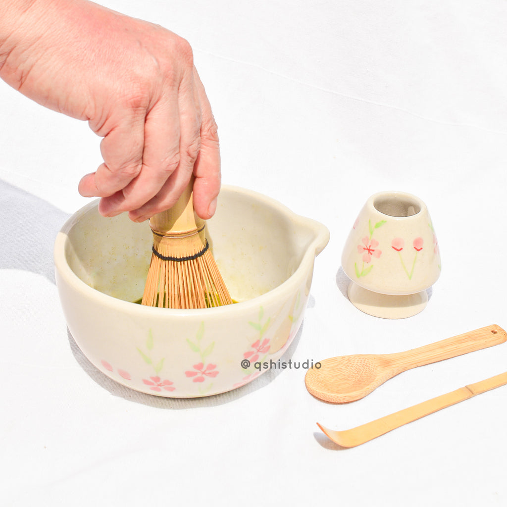 Ceramic Matcha bowl & Whisk Holder - Sakura