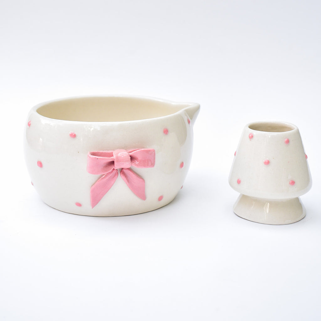 Ceramic Matcha Bowl & Whisk Holder - Pink Dotted Bow