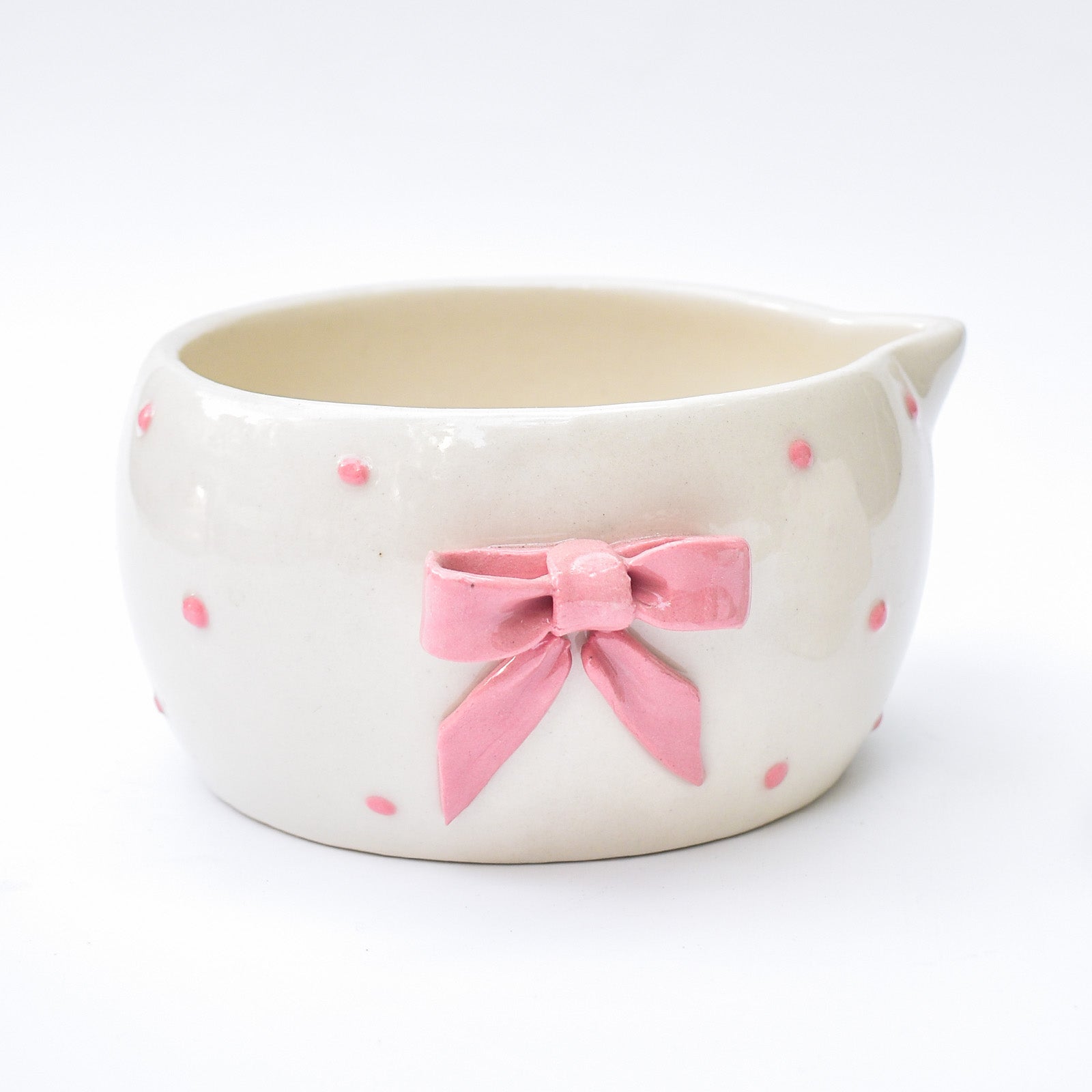 Ceramic Matcha Bowl & Whisk Holder - Pink Dotted Bow