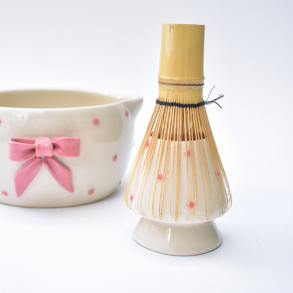 Ceramic Matcha Bowl & Whisk Holder - Pink Dotted Bow