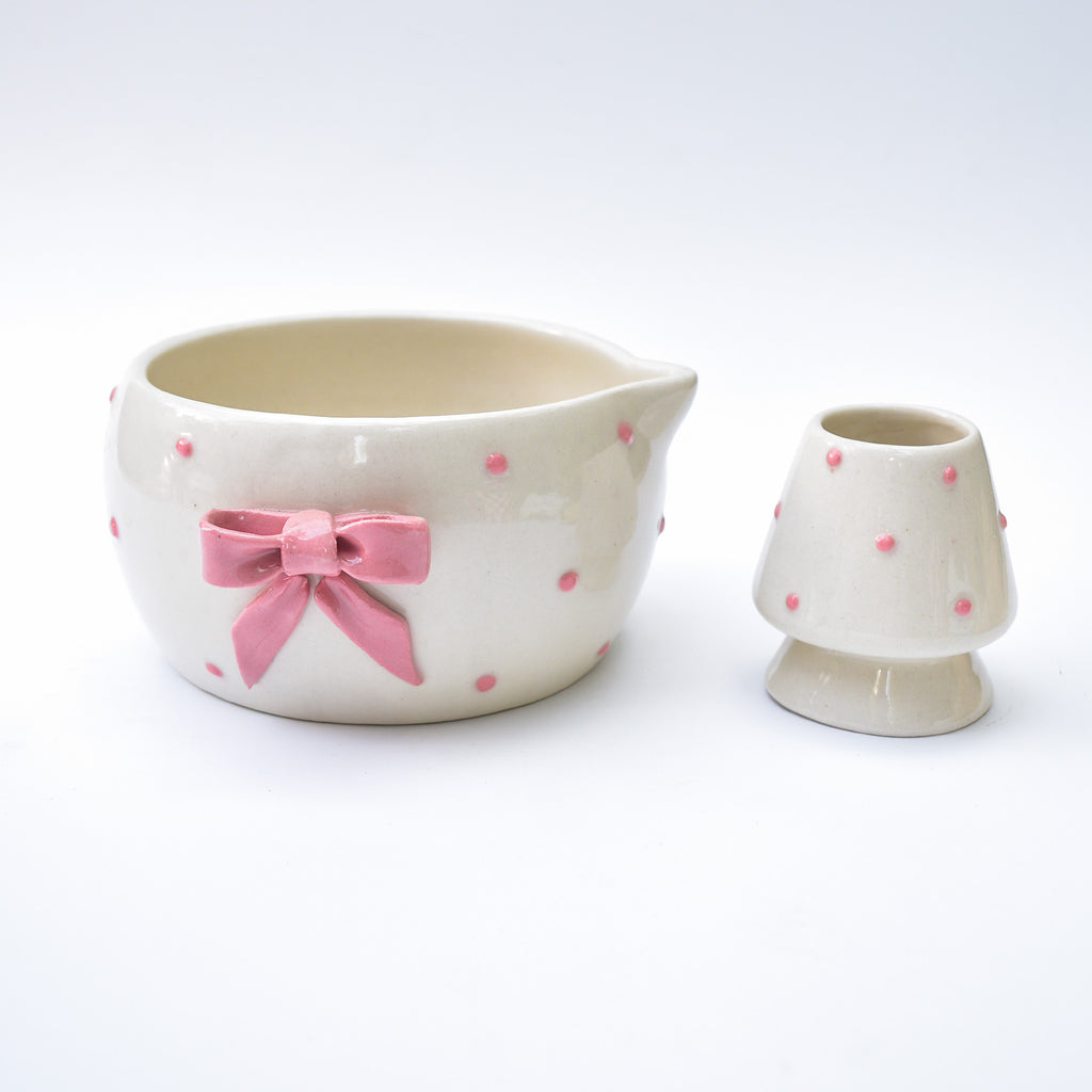 Ceramic Matcha Bowl & Whisk Holder - Pink Dotted Bow