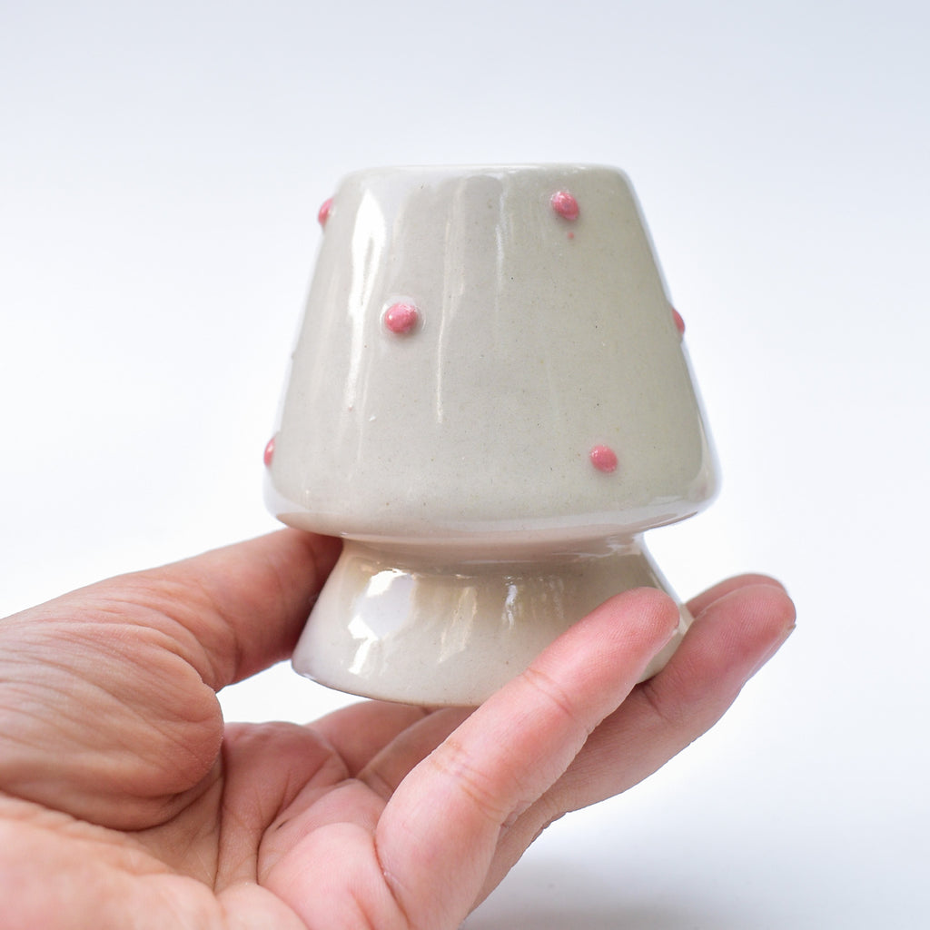 Ceramic Matcha Bowl & Whisk Holder - Pink Dotted Bow