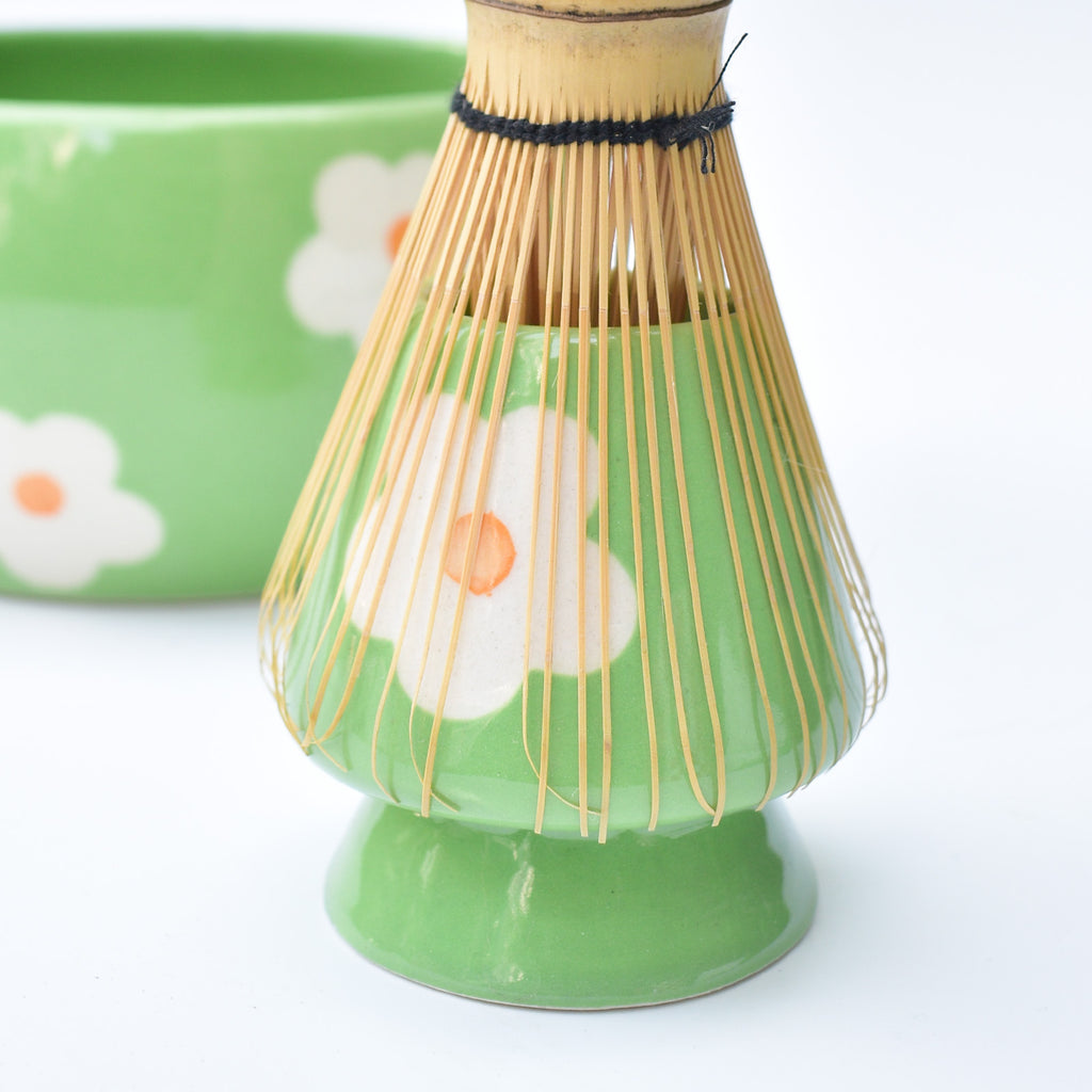 Ceramic Matcha Bowl & Whisk Holder - Green Garden