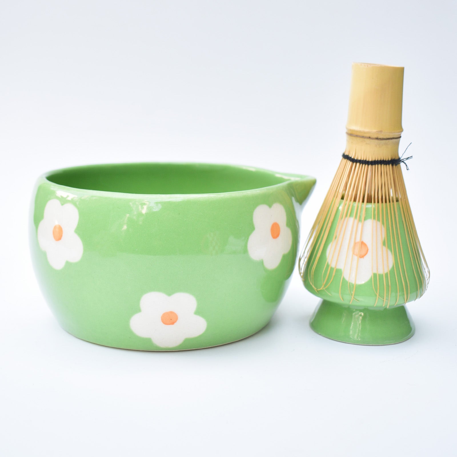 Ceramic Matcha Bowl & Whisk Holder - Green Garden