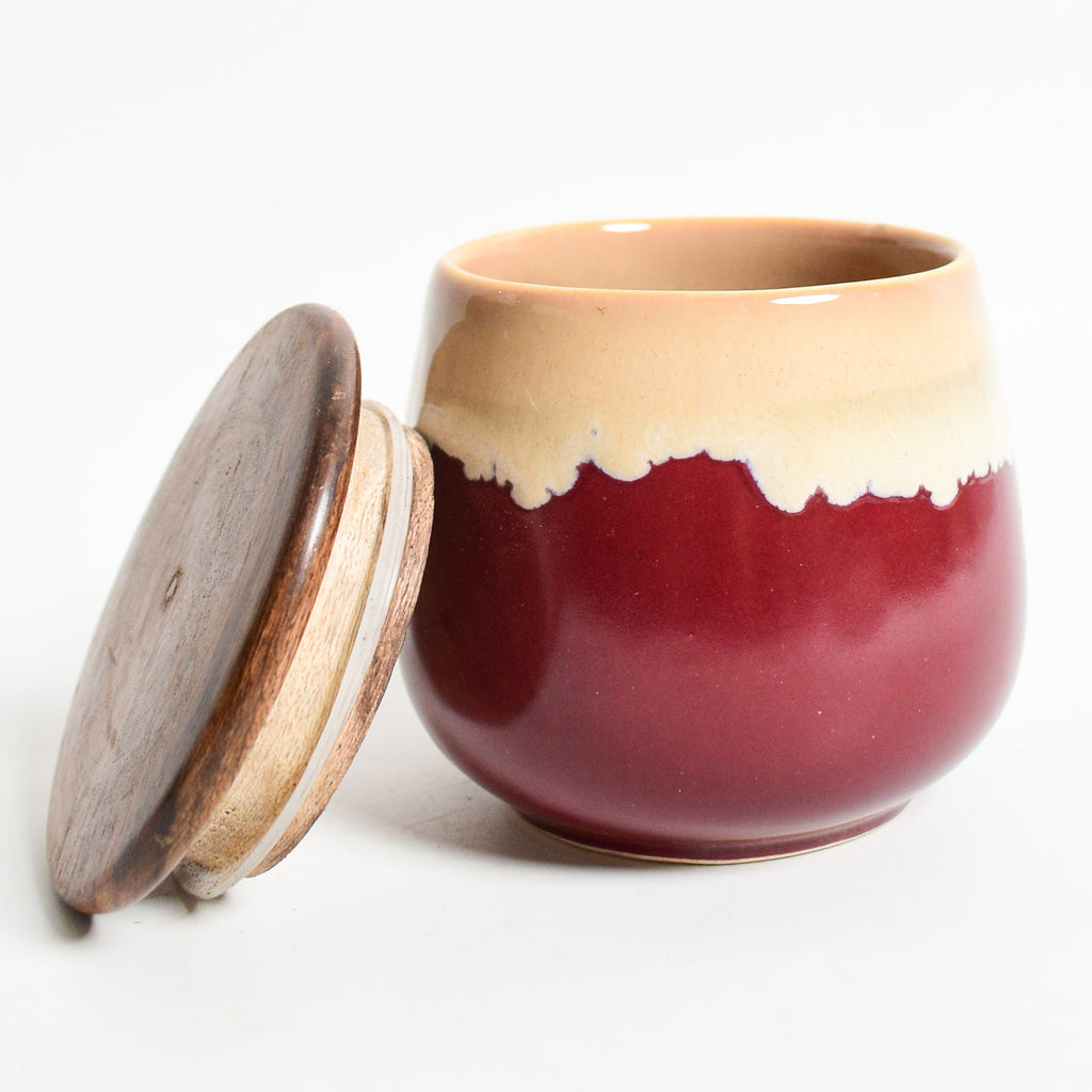 Ceramic Jar With Wooden Lid - Peach Maroon