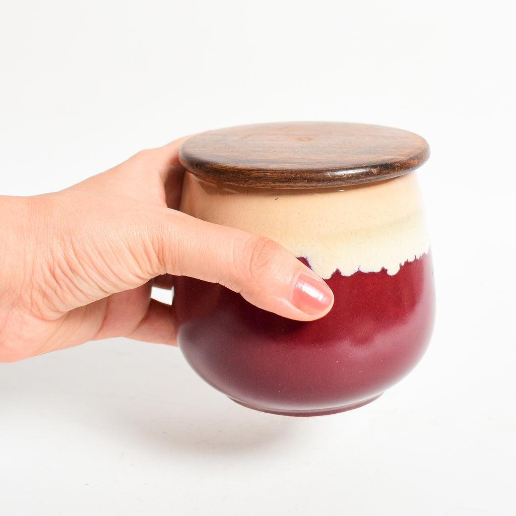 Ceramic Jar With Wooden Lid - Peach Maroon