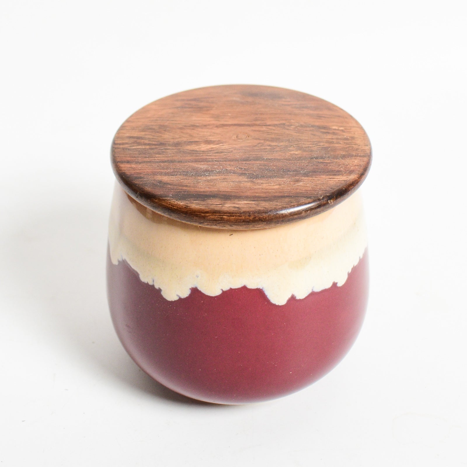 Ceramic Jar With Wooden Lid - Peach Maroon