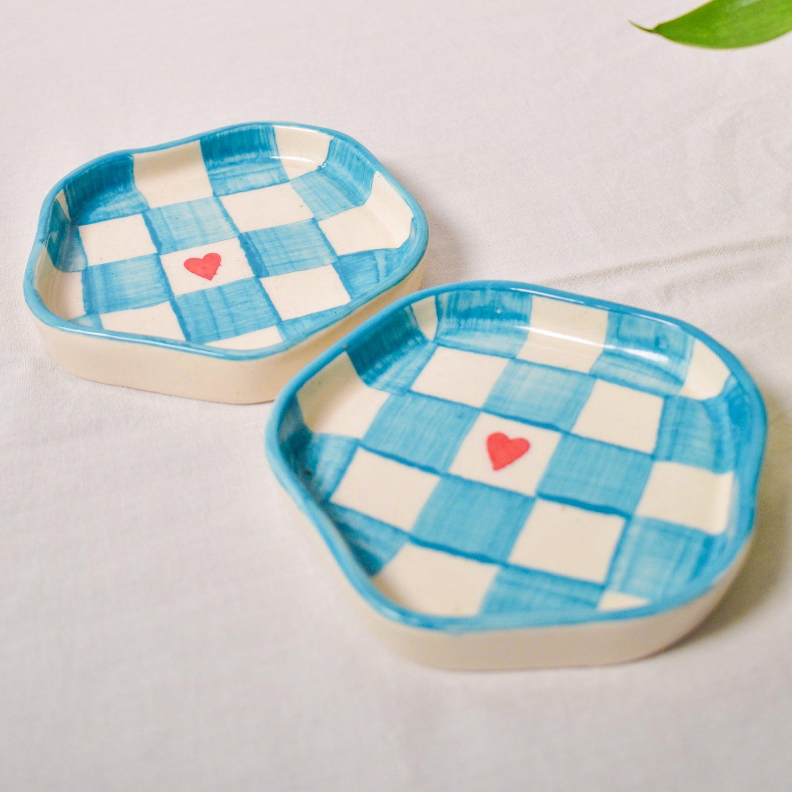 Ceramic Coaster/Trinket Tray - Blue checks