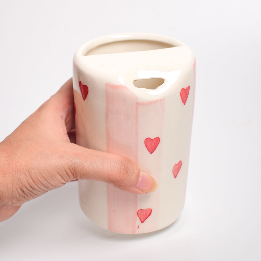 Ceramic Sip Tumbler - Pink Striped Hearts