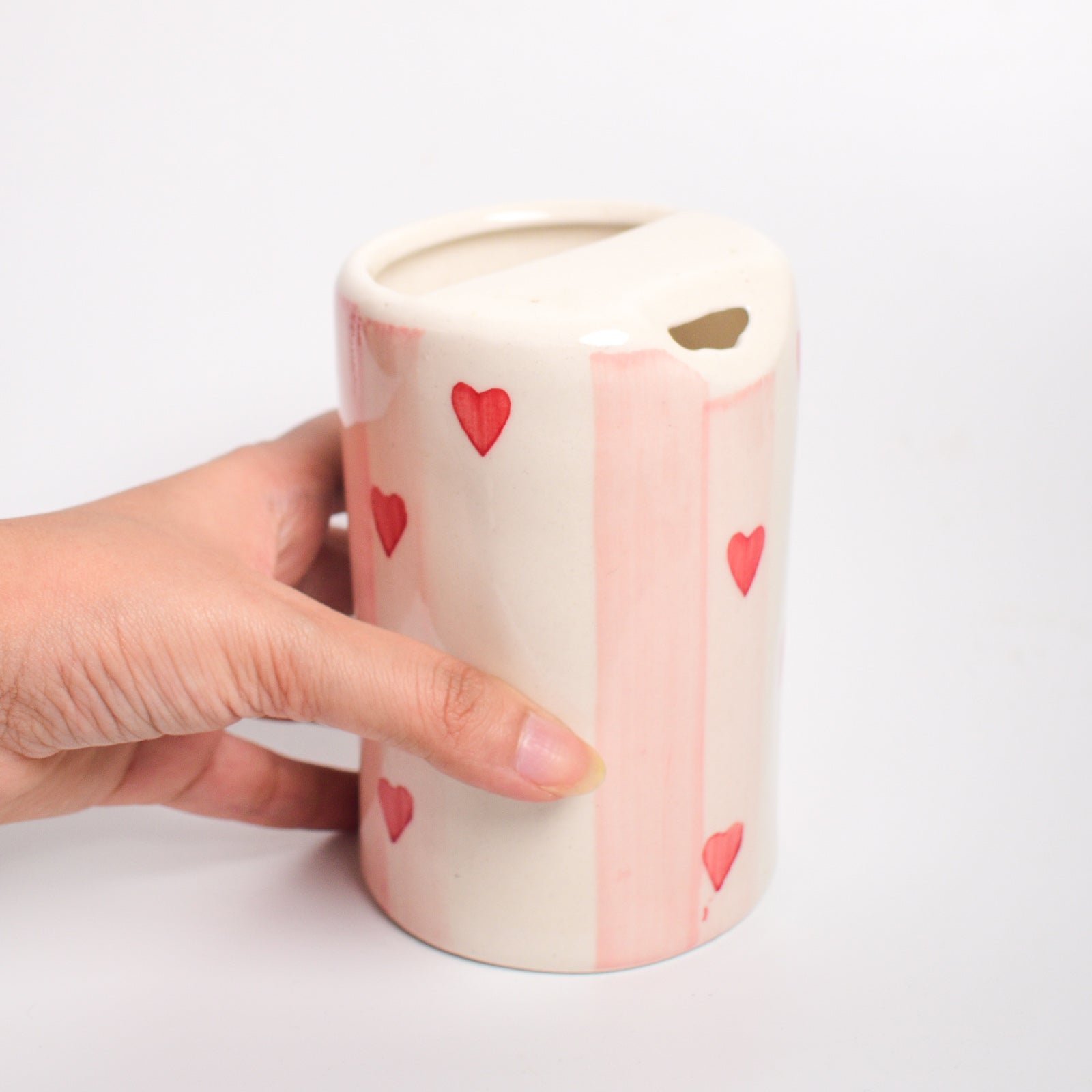 Ceramic Sip Tumbler - Pink Striped Hearts
