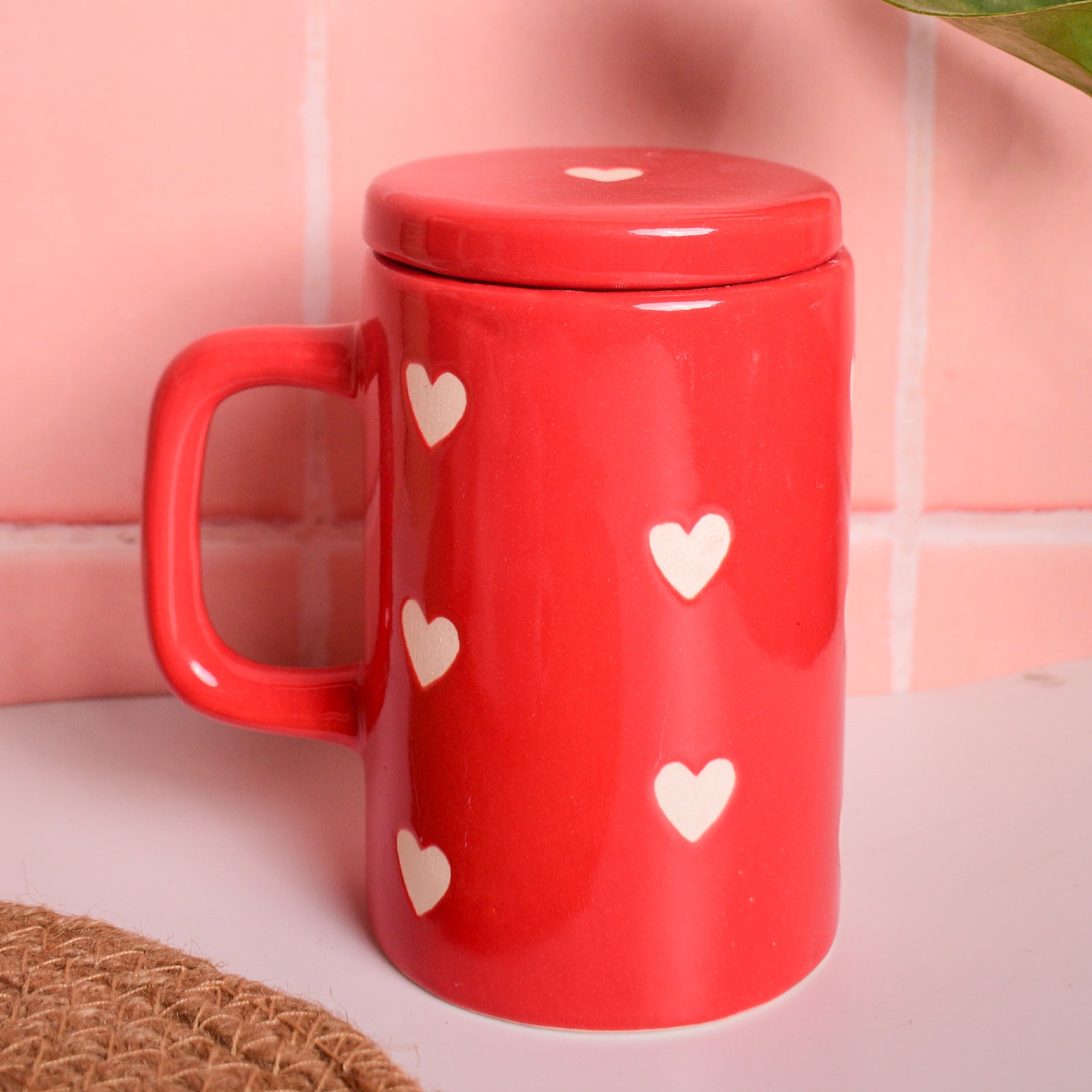 Ceramic Tumbler With Lid - Red Heart