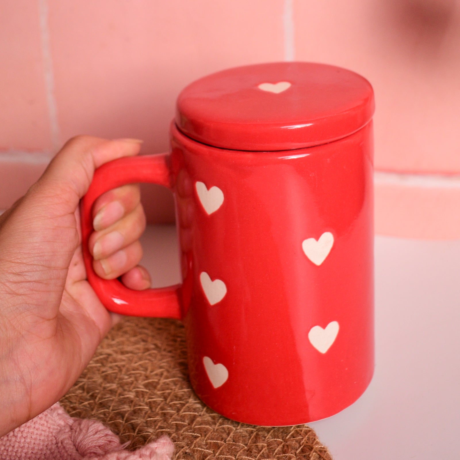 Ceramic Tumbler With Lid - Red Heart