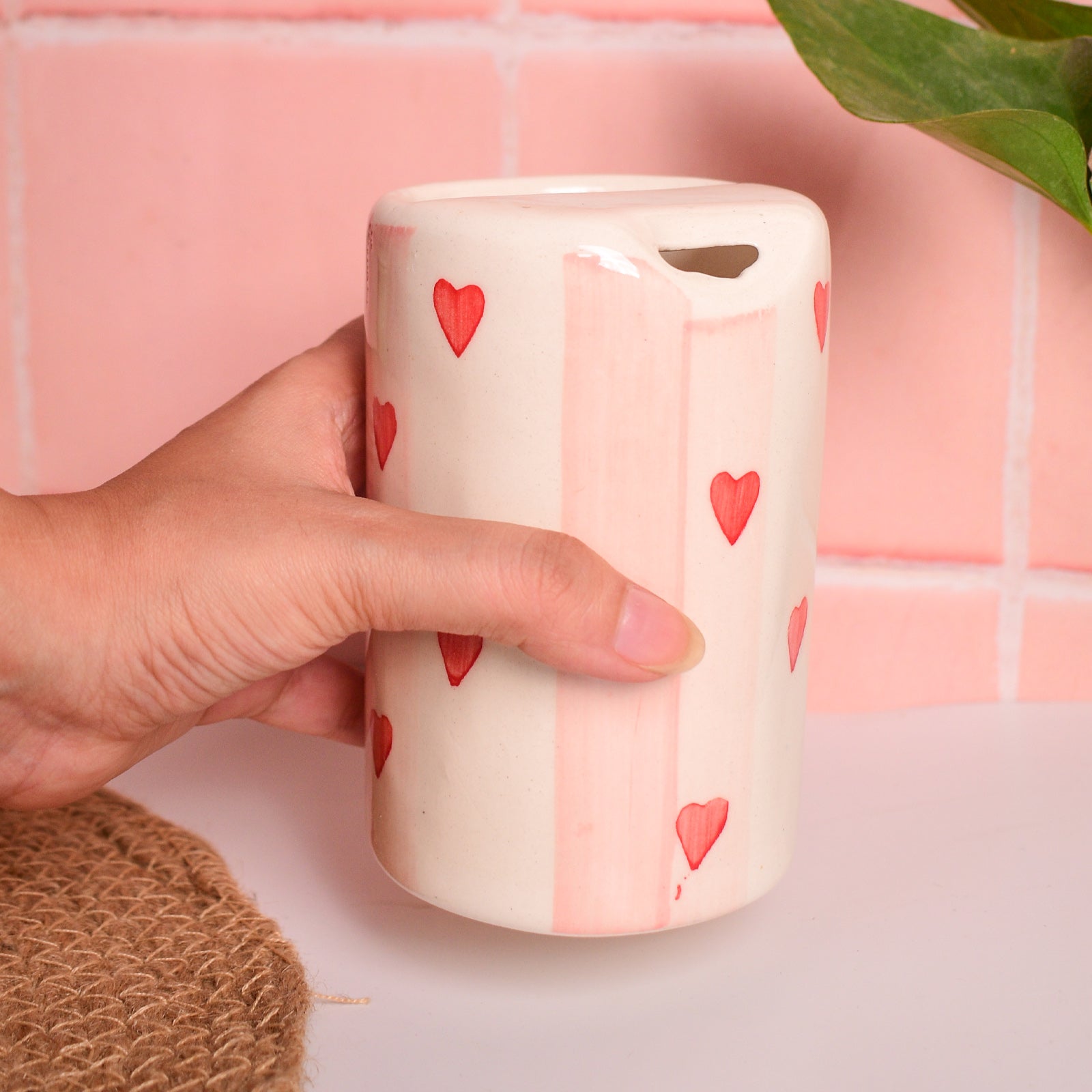 Ceramic Sip Tumbler - Pink Striped Hearts