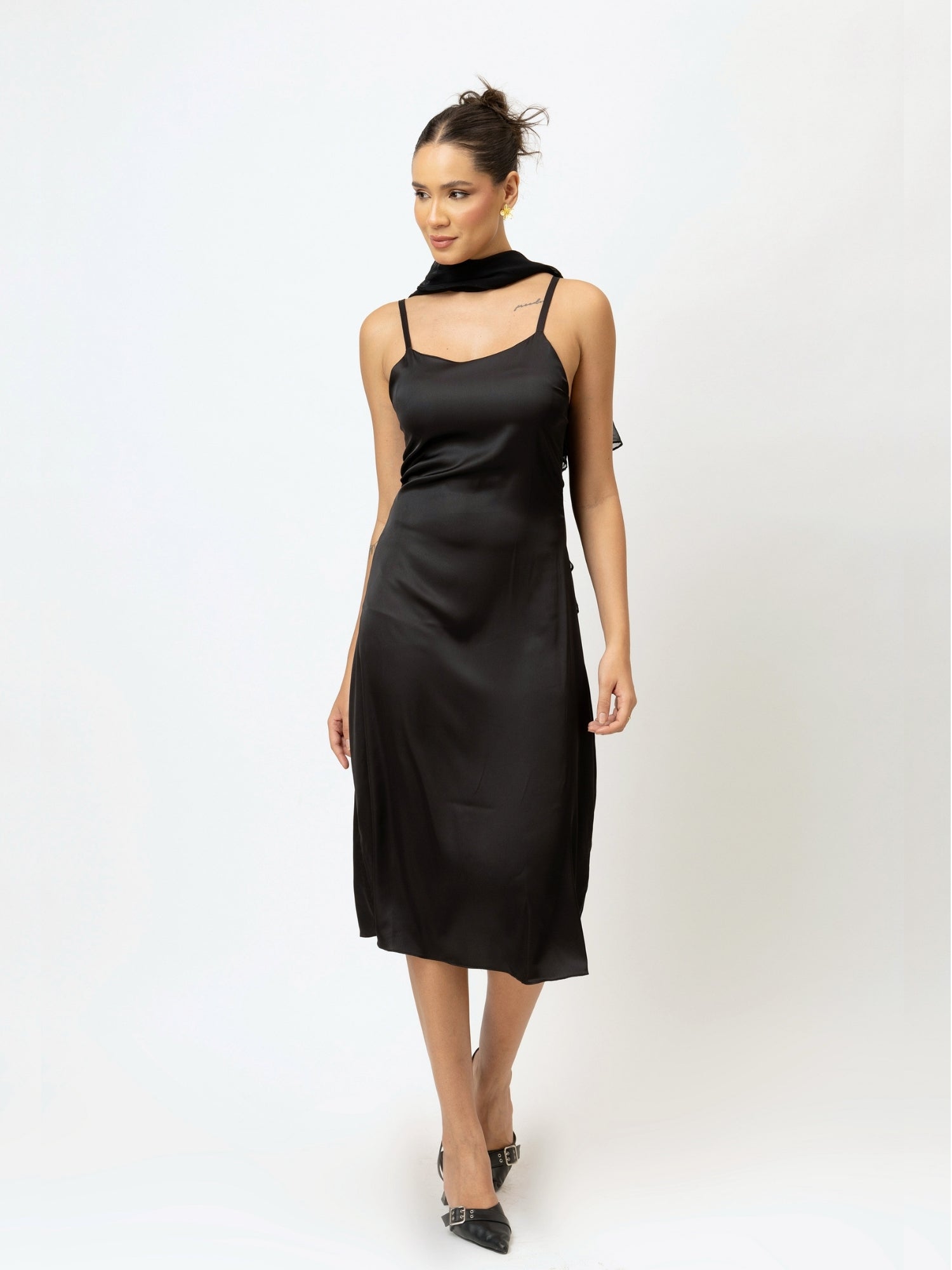 Black Satin Slip Dress With Dupatta